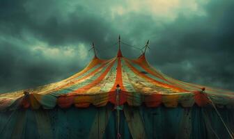 A spooky carnival tent with faded colors and eerie shadows, leaving space at the top for copy photo