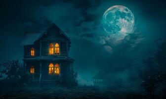 A spooky haunted house with glowing windows under a full moon, with plenty of empty space on the right for text photo