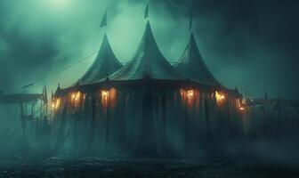 A spooky carnival tent with faded colors and eerie shadows, leaving space at the top for copy photo
