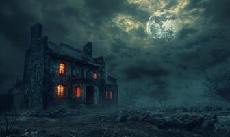 A spooky haunted house with glowing windows under a full moon, with plenty of empty space on the right for text photo