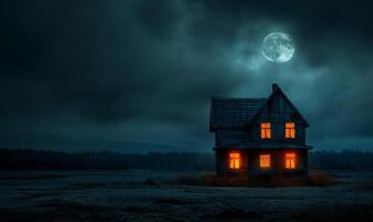 A spooky haunted house with glowing windows under a full moon, with plenty of empty space on the right for text photo