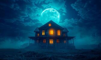 A spooky haunted house with glowing windows under a full moon, with plenty of empty space on the right for text photo