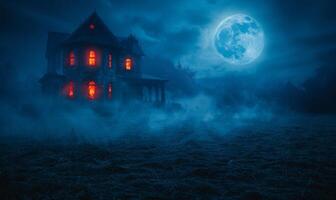 A spooky haunted house with glowing windows under a full moon, with plenty of empty space on the right for text photo