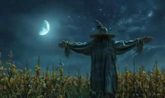A spooky scarecrow standing in a cornfield under a crescent moon, with open space on the right for a message photo
