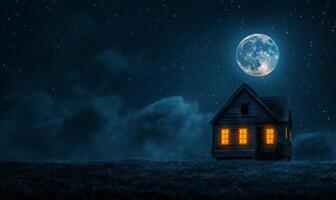 A spooky haunted house with glowing windows under a full moon, with plenty of empty space on the right for text photo