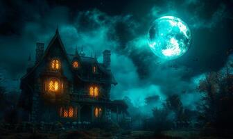A spooky haunted house with glowing windows under a full moon, with plenty of empty space on the right for text photo