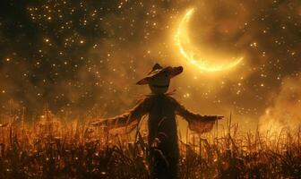 A spooky scarecrow standing in a cornfield under a crescent moon, with open space on the right for a message photo