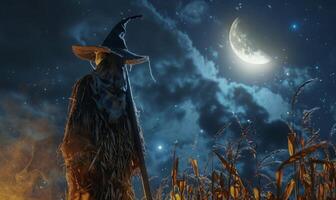 A spooky scarecrow standing in a cornfield under a crescent moon, with open space on the right for a message photo