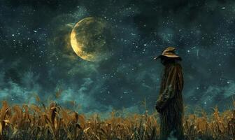 A spooky scarecrow standing in a cornfield under a crescent moon, with open space on the right for a message photo