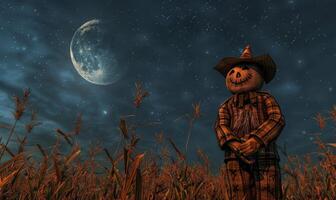A spooky scarecrow standing in a cornfield under a crescent moon, with open space on the right for a message photo