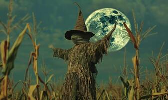 A spooky scarecrow standing in a cornfield under a crescent moon, with open space on the right for a message photo