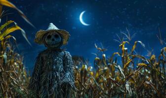 A spooky scarecrow standing in a cornfield under a crescent moon, with open space on the right for a message photo