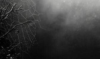 A spooky spider web glistening with dew drops, with a menacing spider in the corner, leaving space on the right for copy photo