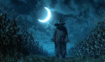 A spooky scarecrow standing in a cornfield under a crescent moon, with open space on the right for a message photo