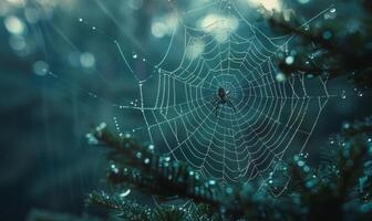 A spooky spider web glistening with dew drops, with a menacing spider in the corner, leaving space on the right for copy photo