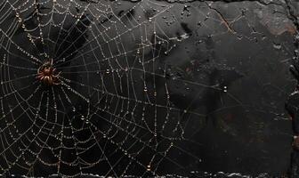 A spooky spider web glistening with dew drops, with a menacing spider in the corner, leaving space on the right for copy photo