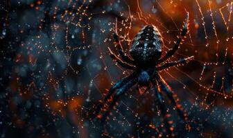 A spooky spider web glistening with dew drops, with a menacing spider in the corner, leaving space on the right for copy photo
