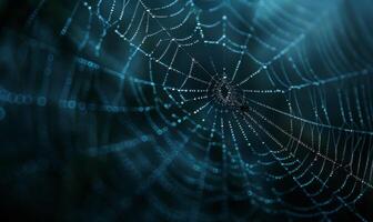 A spooky spider web glistening with dew drops, with a menacing spider in the corner, leaving space on the right for copy photo