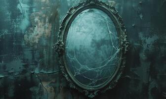 A spooky vintage mirror with ghostly reflections and cobwebs, with plenty of space on the right for copy photo