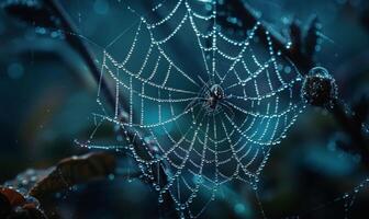 A spooky spider web glistening with dew drops, with a menacing spider in the corner, leaving space on the right for copy photo