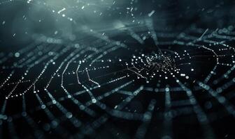 A spooky spider web glistening with dew drops, with a menacing spider in the corner, leaving space on the right for copy photo