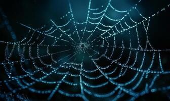 A spooky spider web glistening with dew drops, with a menacing spider in the corner, leaving space on the right for copy photo