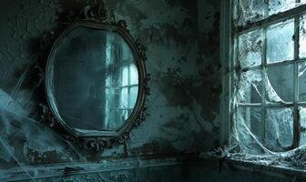 A spooky vintage mirror with ghostly reflections and cobwebs, with plenty of space on the right for copy photo