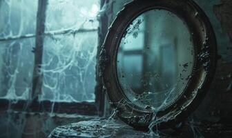 A spooky vintage mirror with ghostly reflections and cobwebs, with plenty of space on the right for copy photo