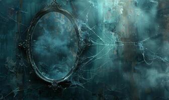 A spooky vintage mirror with ghostly reflections and cobwebs, with plenty of space on the right for copy photo