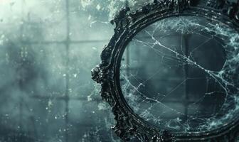 A spooky vintage mirror with ghostly reflections and cobwebs, with plenty of space on the right for copy photo