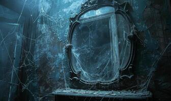 A spooky vintage mirror with ghostly reflections and cobwebs, with plenty of space on the right for copy photo