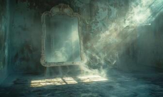 A spooky vintage mirror with ghostly reflections and cobwebs, with plenty of space on the right for copy photo
