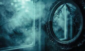 A spooky vintage mirror with ghostly reflections and cobwebs, with plenty of space on the right for copy photo
