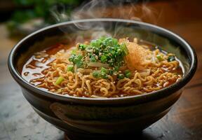 A steaming bowl of ramen with perfectly cooked noodles, broth, and toppings photo