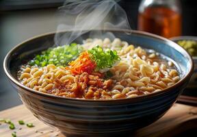 A steaming bowl of ramen with perfectly cooked noodles, broth, and toppings photo