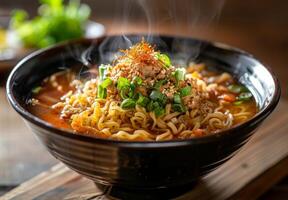 A steaming bowl of ramen with perfectly cooked noodles, broth, and toppings photo