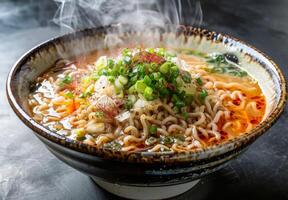 A steaming bowl of ramen with perfectly cooked noodles, broth, and toppings photo