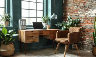 A stylish home office setup with a blank screen laptop and modern decor photo
