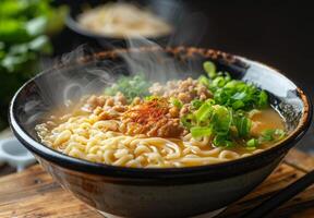 A steaming bowl of ramen with perfectly cooked noodles, broth, and toppings photo