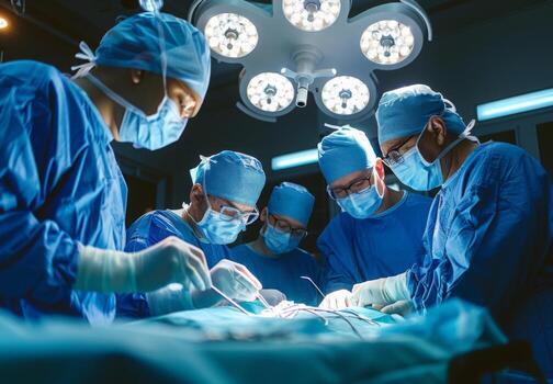 A team of surgeons performing a complex operation in a modern operating room photo