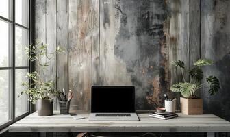 A stylish home office setup with a blank screen laptop and modern decor photo
