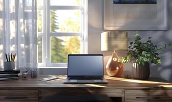 A stylish home office setup with a blank screen laptop and modern decor photo