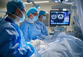 A team of surgeons performing a complex operation in a modern operating room photo