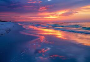 A tranquil beach at sunset, with vibrant colors reflecting off the water and sand photo