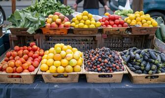 A vibrant farmer's market with colorful fruits and vegetables on display photo