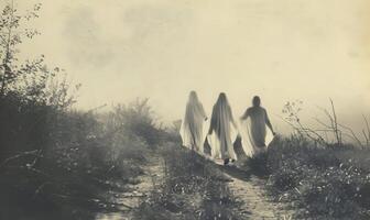A vintage black-and-white Halloween photo with ghostly figures, leaving plenty of space on the right for a message