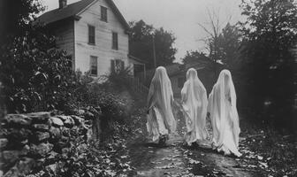 A vintage black-and-white Halloween photo with ghostly figures, leaving plenty of space on the right for a message