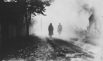 A vintage black-and-white Halloween photo with ghostly figures, leaving plenty of space on the right for a message