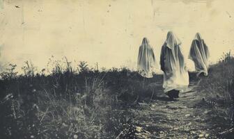A vintage black-and-white Halloween photo with ghostly figures, leaving plenty of space on the right for a message