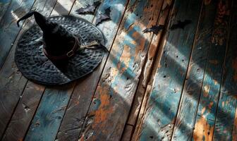 A witch's hat and broomstick lying on a wooden floor with shadows of bats, with plenty of space above for a message photo